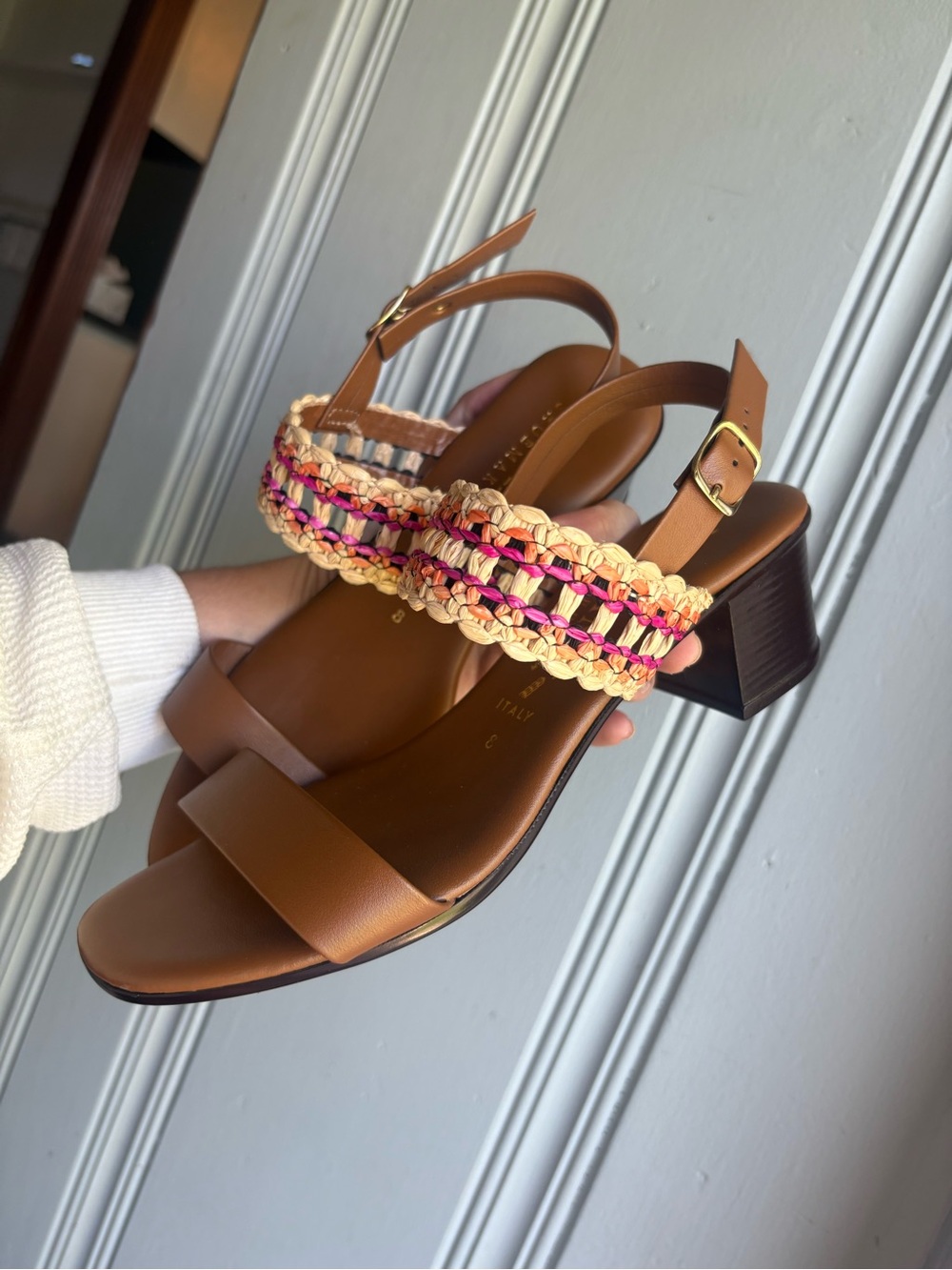 Italian Shoemakers Brown Woven Strap Block Heel Sandals Brown/Pink Size 8 Womens - Picture 3 of 8
